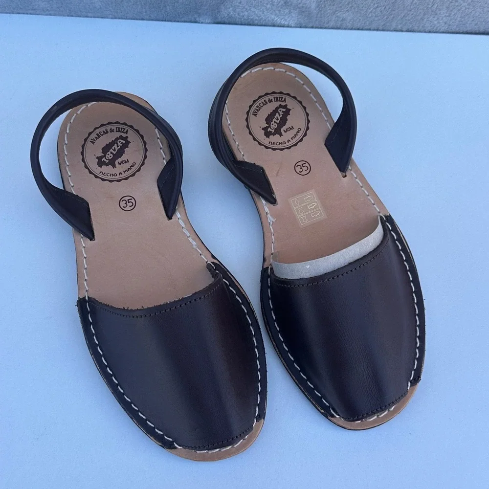 Avarcas de Ibiza Menorcan Leather Slingback Sandals Brown Peep Toe Flats Size 35